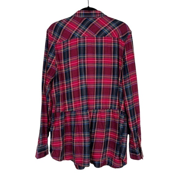 Beach Lunch Lounge Red Plaid Button Up Long Sleeve Peplum Flannel Shirt Size M - Picture 4 of 7